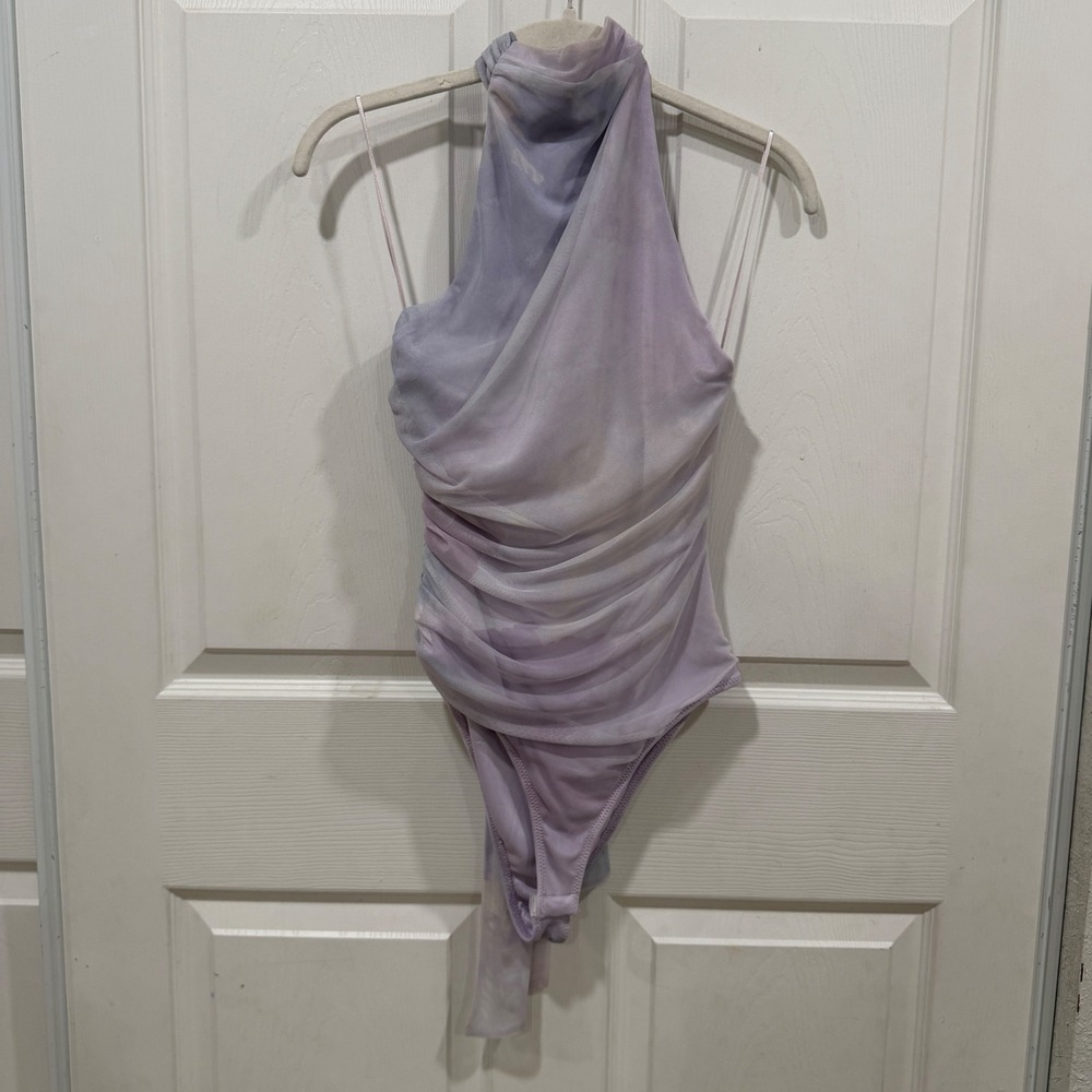Zara Purple Tie Dye Mesh Ruched Halter Neck Bodysuit XS 3000/004/050 Sleeveless